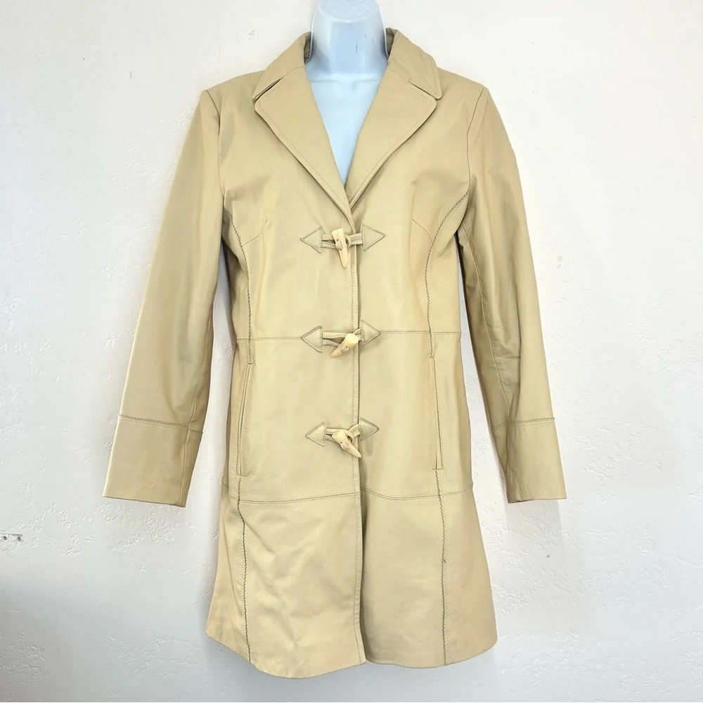 Vintage Y2K Terry Lewis Leather Trench Coat Cream Toggle Buttons Women's S